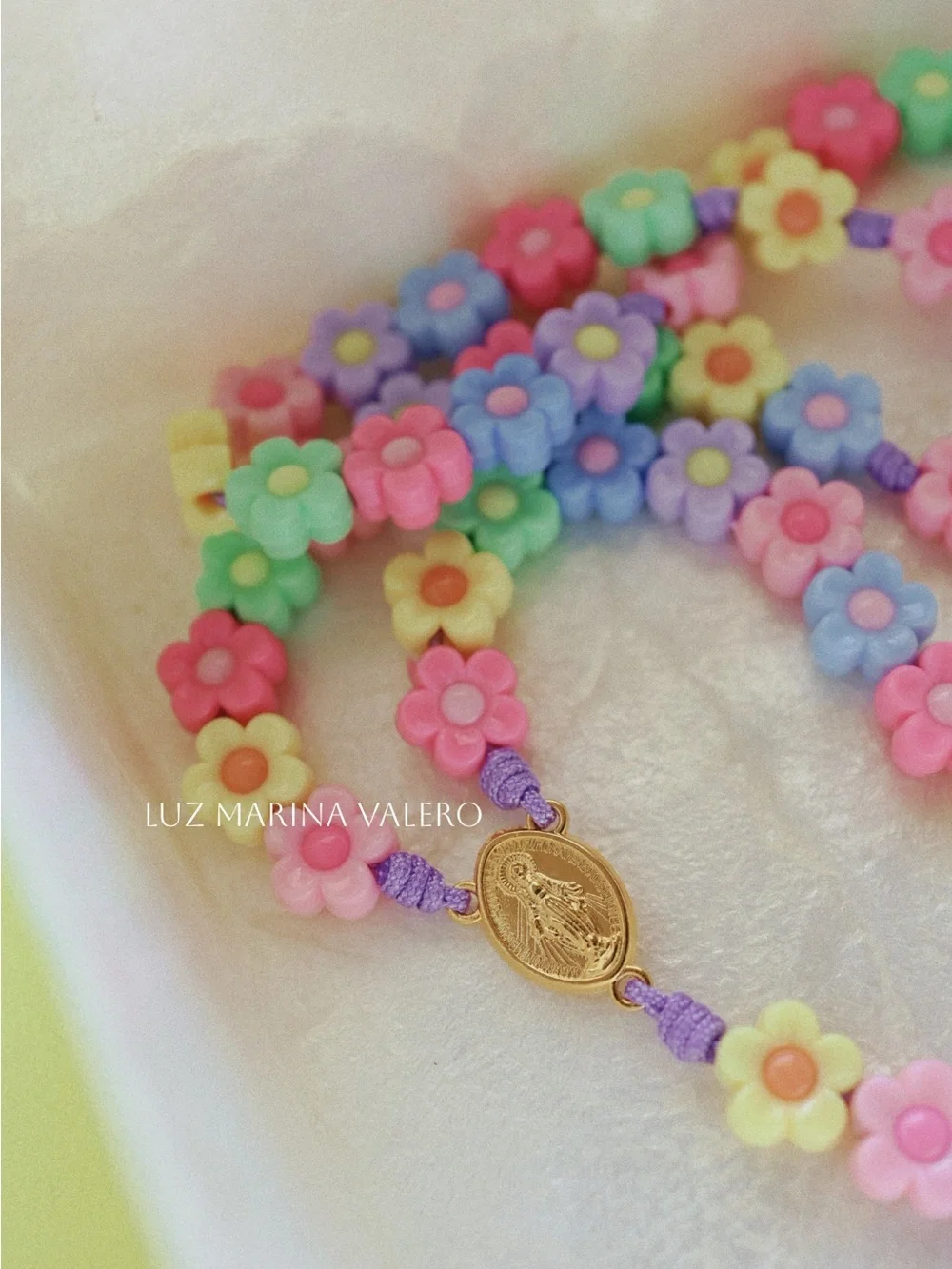 Kids Pastel Flower Bead Rosary Necklace with Gold Cross